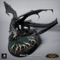 Product photo Tabletop 28mm Lord of the Print (LotP) 8: Tabletop Fantasy miniature set: Black Dragon Hunt - Black Dragon with hunting dogs on scenic rock base (26_03_A1)