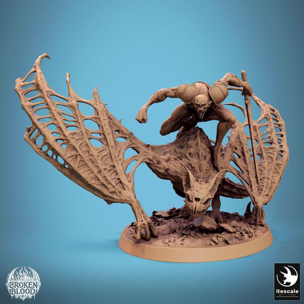 Product photo Tabletop 28mm Lord of the Print (LotP) 0: Tabletop miniature: Demon rider on bat beast, gargoyle lord with skull mask and pole weapon, hellhunter monster rider (24_11_D9)