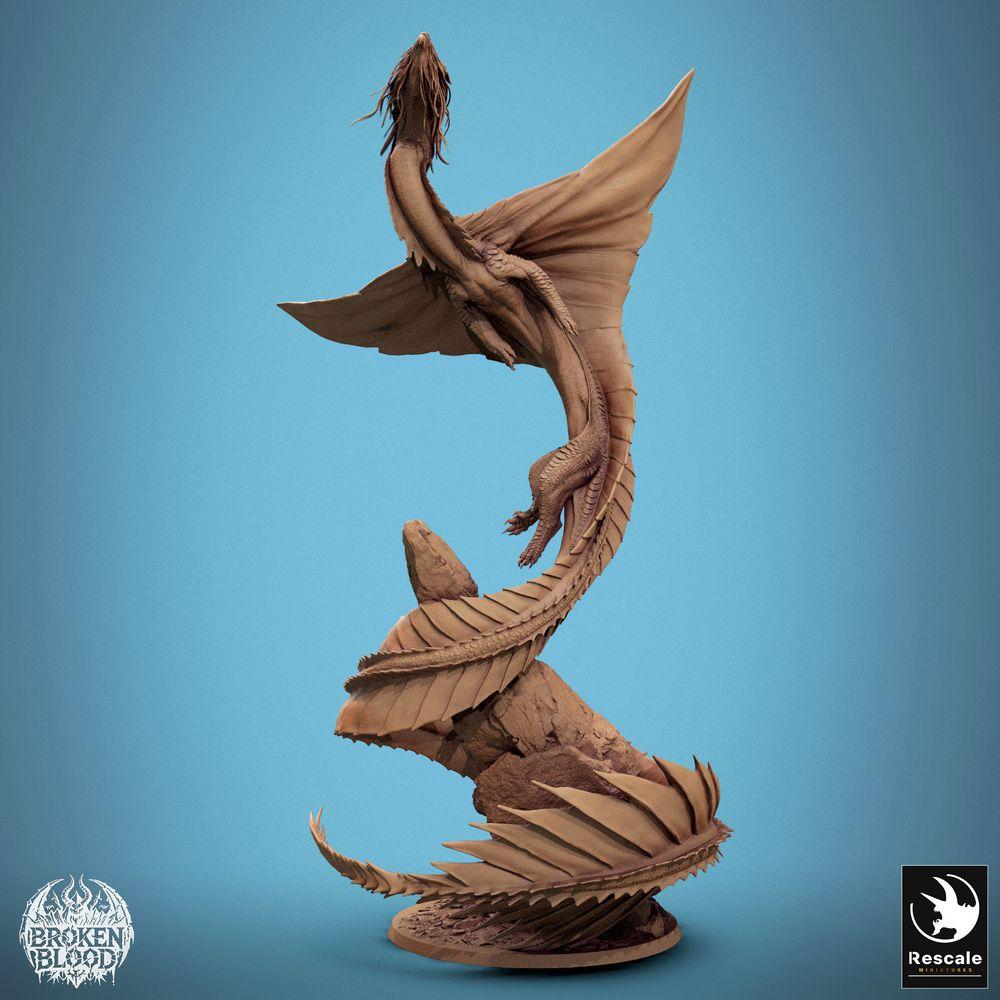 Product photo Tabletop 28mm Lord of the Print (LotP) 0: Fantasy miniature: Wyvern / Lindwurm dragon, ascending boss monster on rock base, dynamic flying pose (24_11_F1)