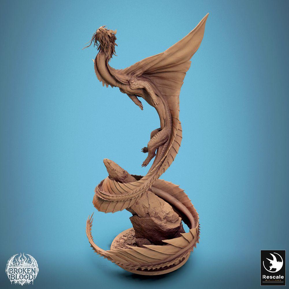 Product photo Tabletop 28mm Lord of the Print (LotP) 3: Fantasy miniature: Wyvern / Lindwurm dragon, ascending boss monster on rock base, dynamic flying pose (24_11_F1)