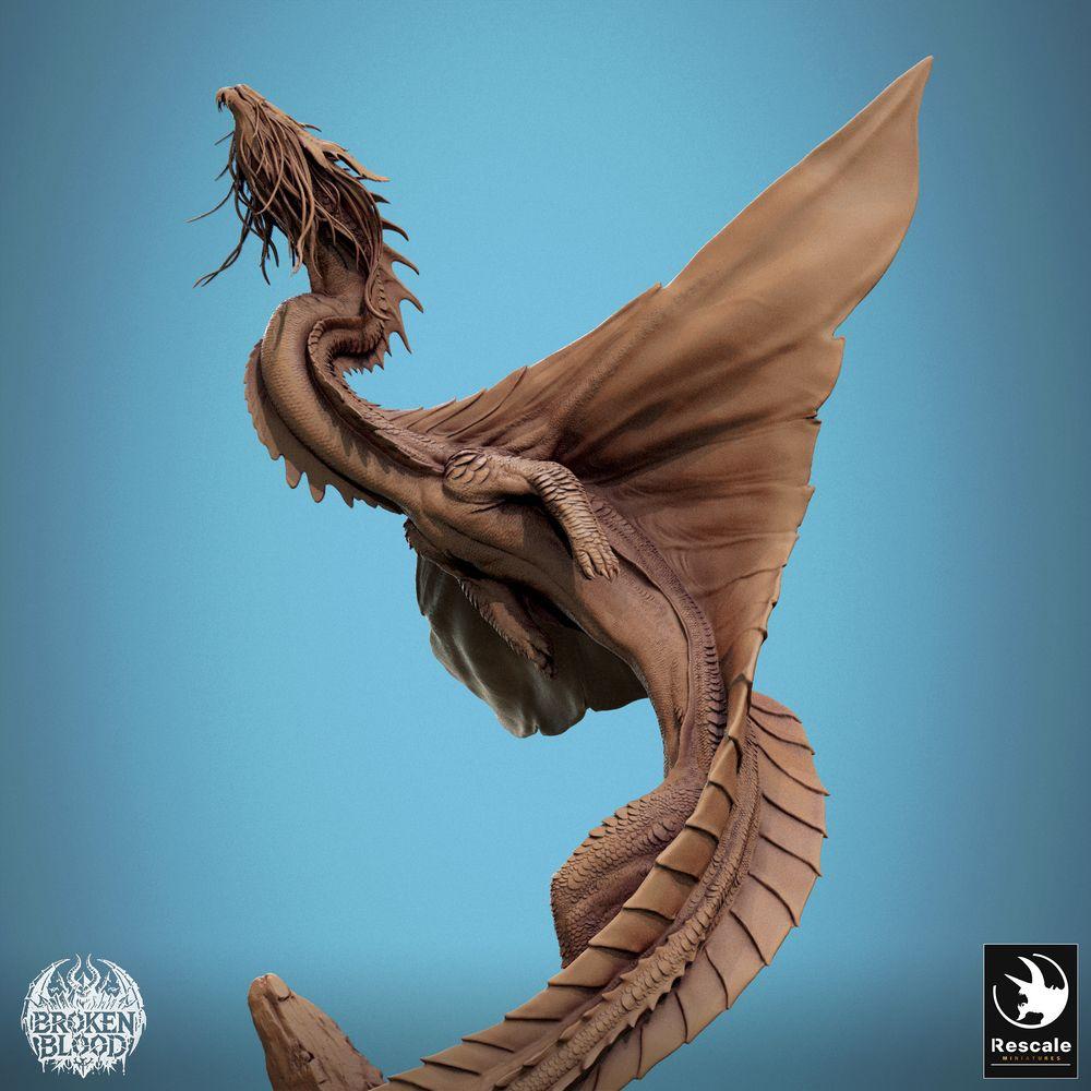 Product photo Tabletop 28mm Lord of the Print (LotP) 5: Fantasy miniature: Wyvern / Lindwurm dragon, ascending boss monster on rock base, dynamic flying pose (24_11_F1)