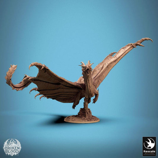 Product photo Tabletop 28mm Lord of the Print (LotP) 0: Fantasy figure: Golden Dragon - legendary flying beast in dynamic flight pose with outstretched wings, Wyvern/Wurm, boss monster (24_11_A1)
