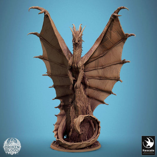 Product photo Tabletop 28mm Lord of the Print (LotP) 0: Tabletop miniature: Golden Dragon - Dragon Elder, legendary boss monster with outstretched wings on rock pinnacle (24_11_A3)