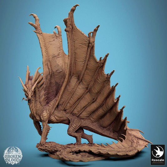 Product photo Tabletop 28mm Lord of the Print (LotP) 0: Tabletop miniature: Ancient Great Dragon Wyrm, Lindwurm - Gold Dragon, Boss Monster Large Figure, roaring with spread wings on rocky base (24_11_A7)