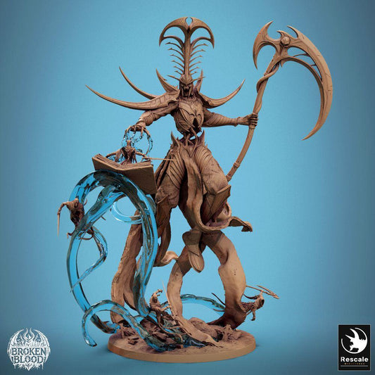 Product photo Tabletop 28mm Lord of the Print (LotP) 0: Tabletop miniature: Demon Lord Velkaran the Fallen, Abyss Summoner & Scythe Master with dual-bladed scythe, Chaos Champion, Boss miniature (24_11_G)