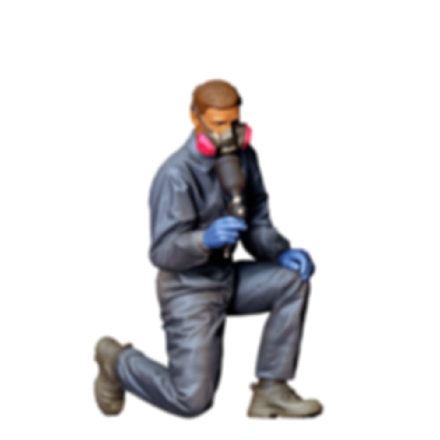 3DP Miniatures 0: Kniende Figur: Autolackierer im Schutzanzug mit Atemschutz & Spritzpistole (Ref. Nr. 488)