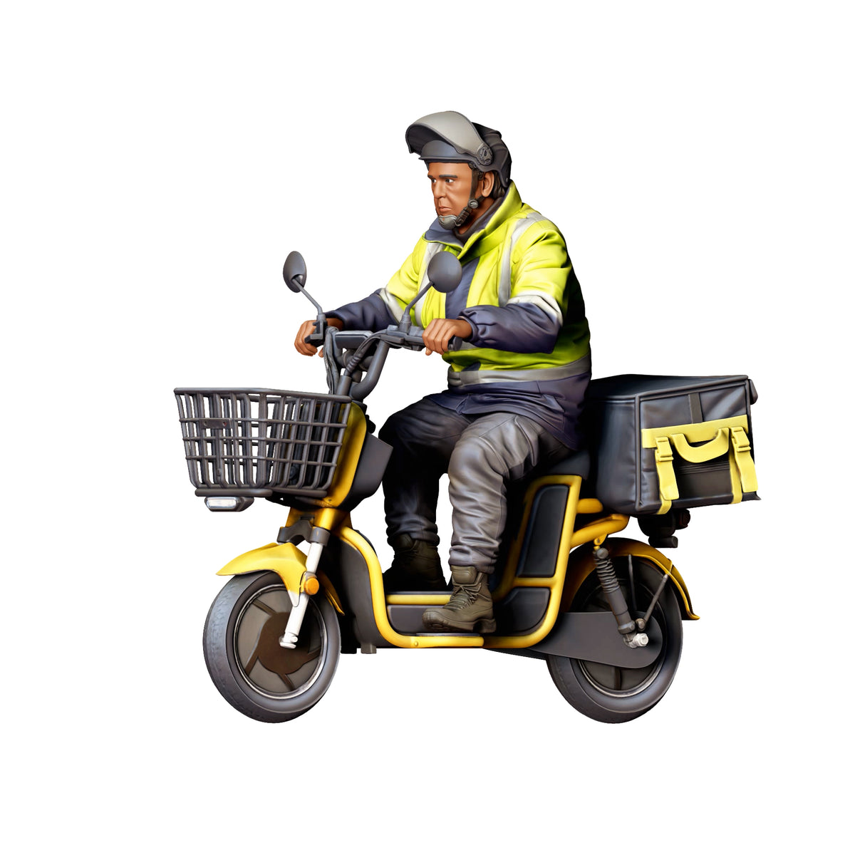 Diorama model-making product photo 1: Seated figure: delivery driver on scooter with front basket & delivery box (Ref. No. 518)