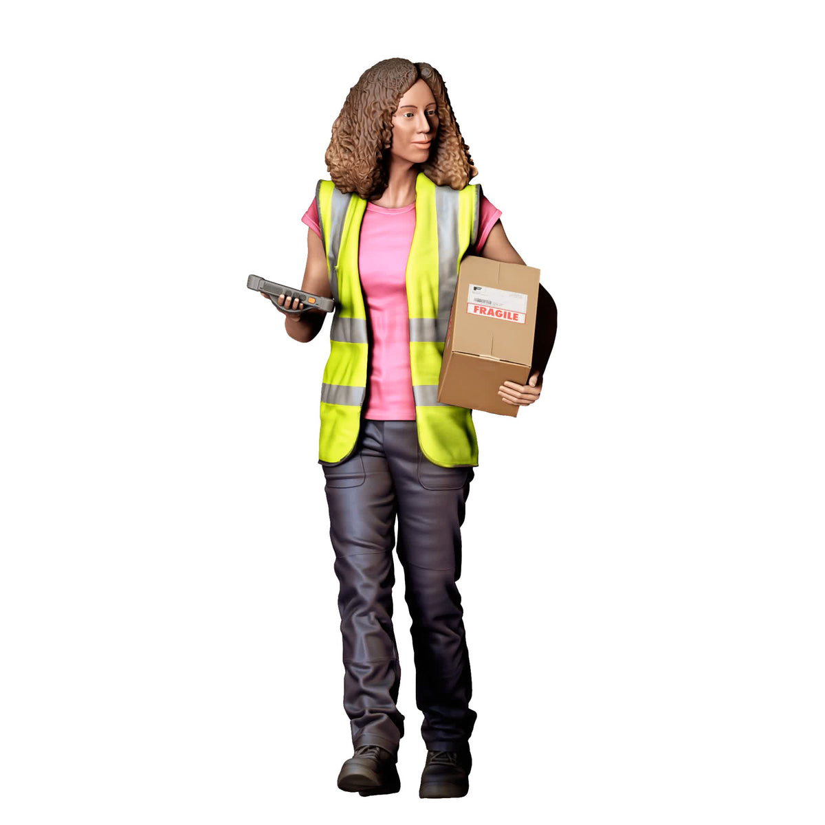 Diorama model-making product photo 0: Standing figure: delivery woman with parcels & handheld scanner (Ref. No. 522)