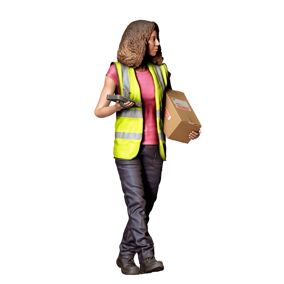Diorama model-making product photo 1: Standing figure: delivery woman with parcels & handheld scanner (Ref. No. 522)