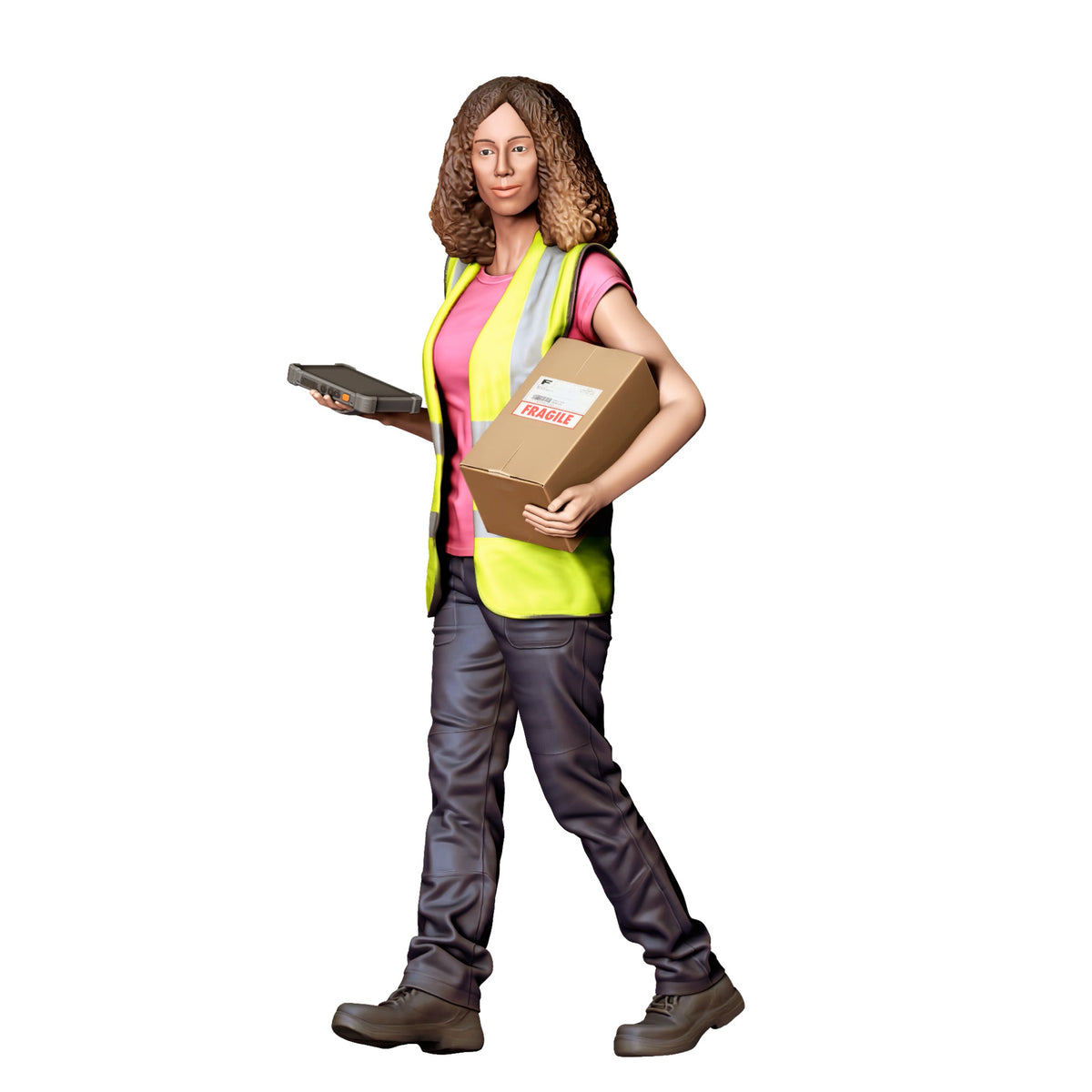 Diorama model-making product photo 4: Standing figure: delivery woman with parcels & handheld scanner (Ref. No. 522)