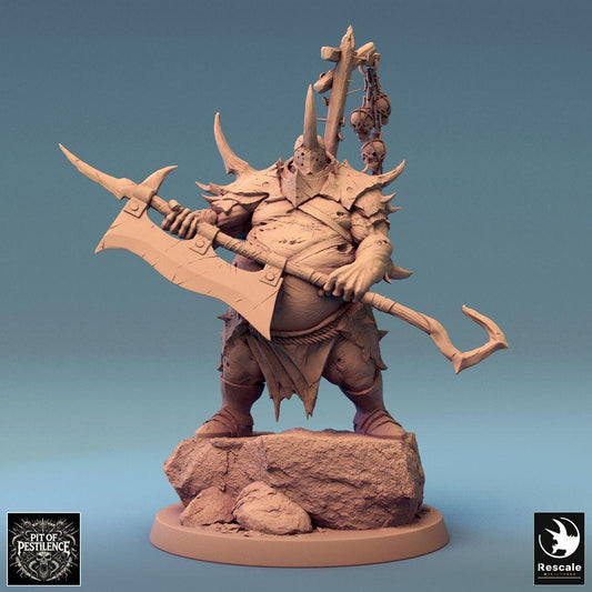 Product photo Tabletop 28mm Lord of the Print (LotP) 0: Tabletop miniature: Plague Warrior Executioner Commander with Halberd, Chaos Barbarian with Trophy Standard, monstrous infantry, Executioner Commander (24_08_D6)