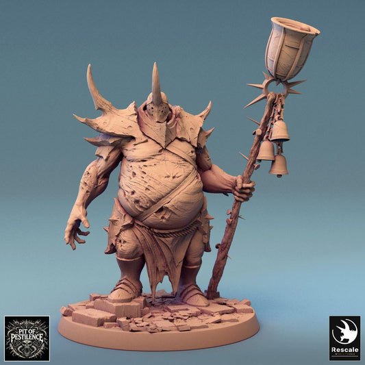 Product photo Tabletop 28mm Lord of the Print (LotP) 0: Tabletop miniature: Plague Priest - Plague Shaman with thorned ritual staff and bells, Chaos Cultist, Bell Ringer of Decay, Cult Leader (24_08_D13)