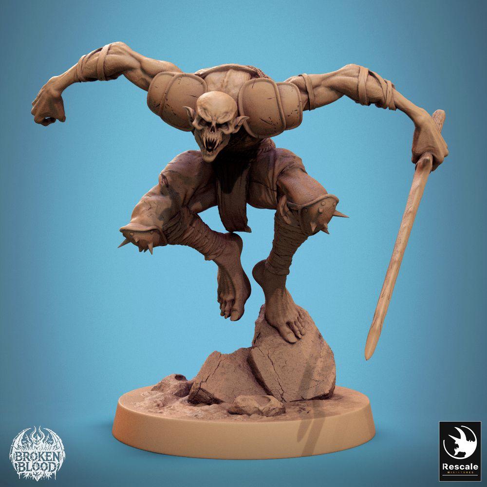 Product photo Tabletop 28mm Lord of the Print (LotP) 0: Tabletop figure: Ghoul Berserker and Assassin with spear, leap attack, undead wargaming monster, skirmish melee fighter (24_11_C3)