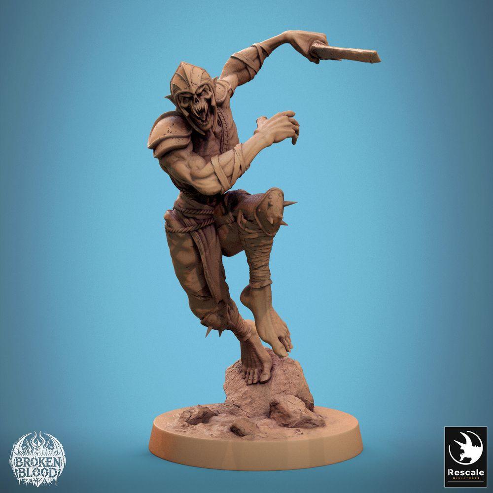 Product photo Tabletop 28mm Lord of the Print (LotP) 0: Tabletop miniature: Ghoul Ravager - Undead Raider/Assassin in leap, melee fighter with helmet and shortsword, rock base (24_11_C5)