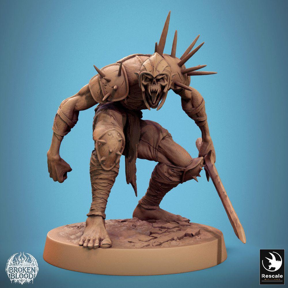 Product photo Tabletop 28mm Lord of the Print (LotP) 0: Tabletop miniature: Ghoul Ravager - Ghoul Champion, undead berserker/swordsman with short sword in crouched attack pose, spiked helmet (24_11_C9)