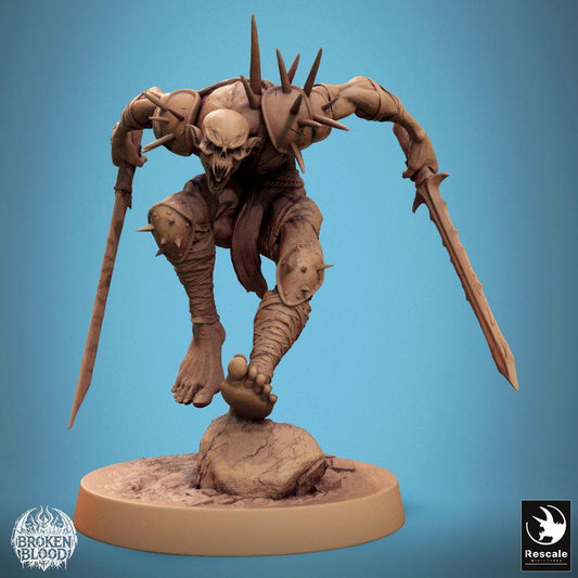 Product photo Tabletop 28mm Lord of the Print (LotP) 0: Tabletop miniature: Undead Ghoul Ravager, Death Landing in Jump, Skull Warrior with Bone Blades, monstrous elite melee fighter (24_11_C13)