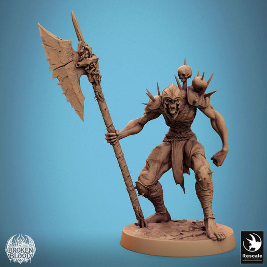 Product photo Tabletop 28mm Lord of the Print (LotP) 0: Tabletop miniature: Ghoul Berserker - Undead Guardian with Great Axe, Demonic Skull Hunter (24_11_C15)