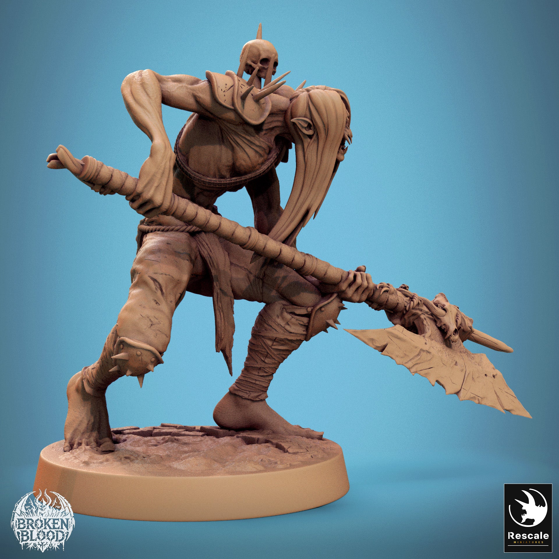 Product photo Tabletop 28mm Lord of the Print (LotP) 1: Tabletop miniature: Ghoul Ravager - Berserker, axe fighter with poleaxe and skull trophies, undead warrior, dungeon boss (24_11_C19)