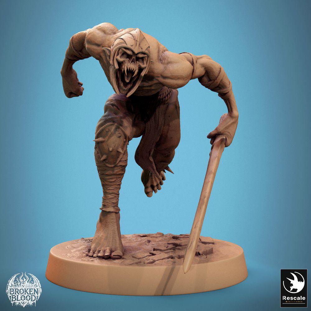Product photo Tabletop 28mm Lord of the Print (LotP) 0: Tabletop miniature: Ghoul Berserker Ravager, sprinting fiend-slayer with scimitar (24_11_C21)