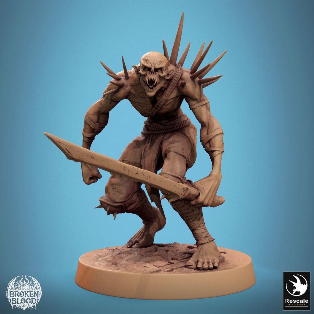 Product photo Tabletop 28mm Lord of the Print (LotP) 0: Tabletop miniature: Ghoul Ravager, spiked undead berserker with a rough, notch-filled sword in a jumping attack (24_11_C29)