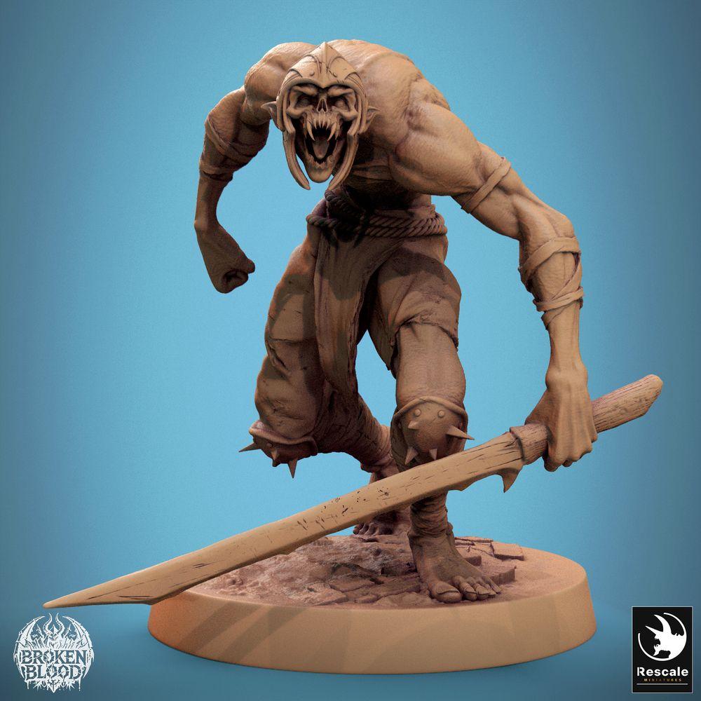Product photo Tabletop 28mm Lord of the Print (LotP) 0: Tabletop miniature: Ghoul Ravager, monstrous marauder with two-handed sword, roaring melee fighter, boss monster for wargaming, skirmish, and dungeon (24_11_C31)
