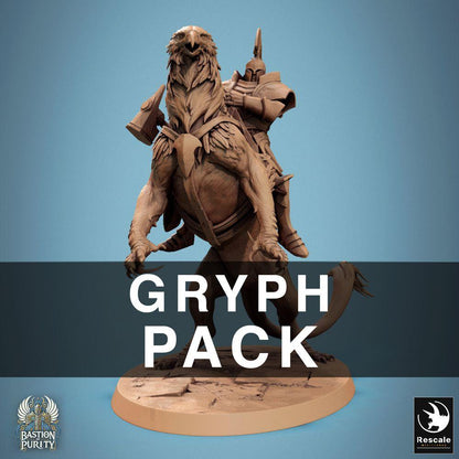 Product photo Tabletop 28mm Lord of the Print (LotP) 0: Tabletop miniature: Griffin Knight Paladin on Gryphon, armored beast rider with war hammer, cavalry rider figure (24_09_G10)