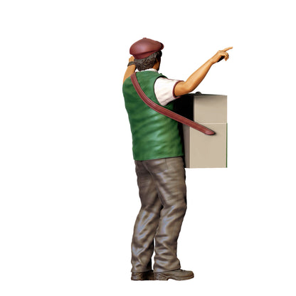 Diorama model building product photo 0: Hotdog vendor with belly cart – figure with hat and vest (Ref. No. 409)