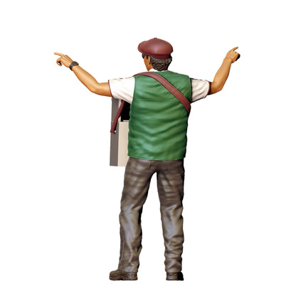 Diorama model building product photo 0: Hotdog vendor with belly cart – figure with hat and vest (Ref. No. 409)