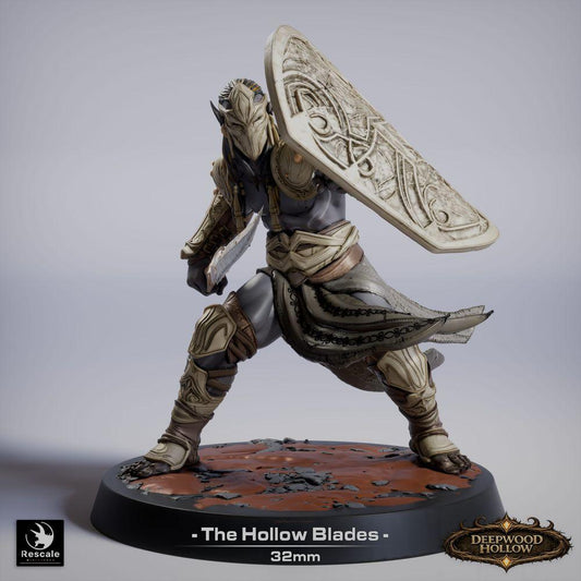 Product photo Tabletop 28mm Lord of the Print (LotP) 0: Fantasy figure: Dark Elf shield warrior, guardian with large shield and shortsword (26_03_G9)