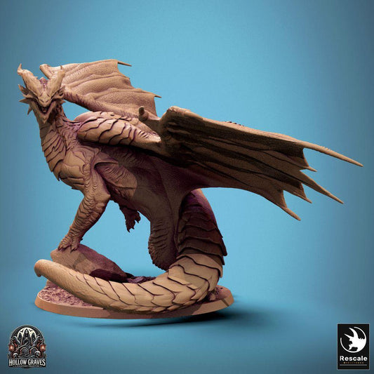 Product photo Tabletop 28mm Lord of the Print (LotP) 0: Fantasy Figure: Copper Dragon, ancient Wyrm and Dragon Lord, roaring with outstretched wings, on rock base, boss monster (24_10_D1)
