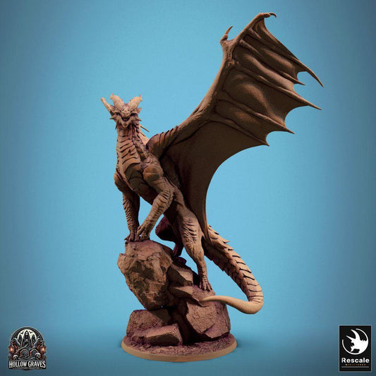 Product photo Tabletop 28mm Lord of the Print (LotP) 0: Tabletop miniature: Ancient Great Dragon on Rock Outcrop - Mountain Dragon Lindwurm with outstretched wings, Dragon Lord Boss Monster (24_10_D2)