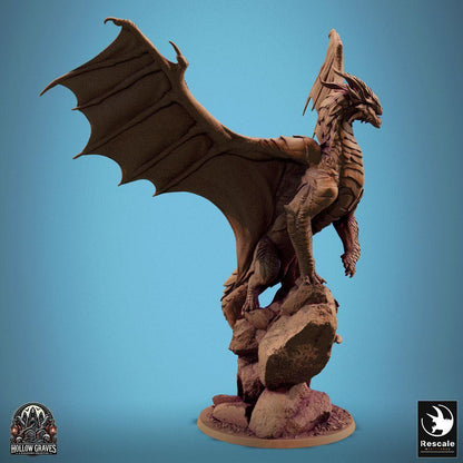 Product photo Tabletop 28mm Lord of the Print (LotP) 0: Tabletop miniature: Ancient Great Dragon on Cliff - Mountain Dragon Lindwurm with outstretched wings, Dragon Lord Boss Monster (24_10_D2)
