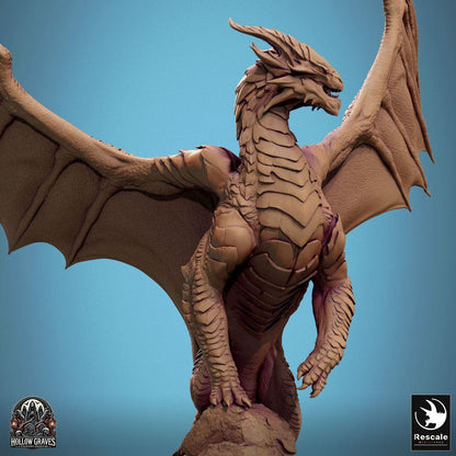 Product photo Tabletop 28mm Lord of the Print (LotP) 0: Tabletop miniature: Ancient Great Dragon on Cliff - Mountain Dragon Lindwurm with outstretched wings, Dragon Lord Boss Monster (24_10_D2)