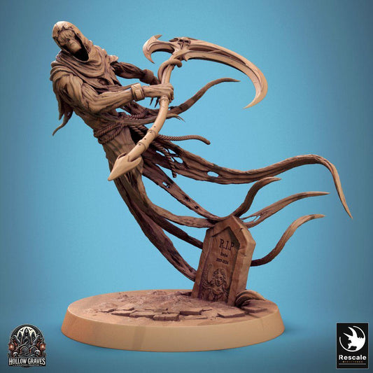 Product photo Tabletop 28mm Lord of the Print (LotP) 0: Tabletop miniature: Undead Reaper Wraith, spirit with dual-bladed scythe, hovering dungeon boss on tombstone base (24_10_A1)