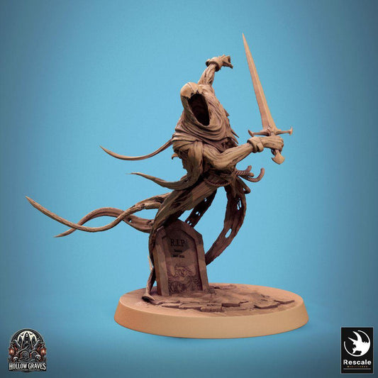 Product photo Tabletop 28mm Lord of the Print (LotP) 0: Tabletop miniature: Undead Wraith Warrior / Phantom Knight (Revenant), hovering in attack with longsword, rising from the grave (24_10_A4)