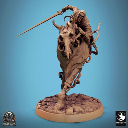 Product photo Tabletop 28mm Lord of the Print (LotP) 0: Tabletop miniature: Shadow Rider, Undead Knight - Spectral Cavalryman with Longsword in Assault, Cursed Leader on Horseback (24_10_C2)