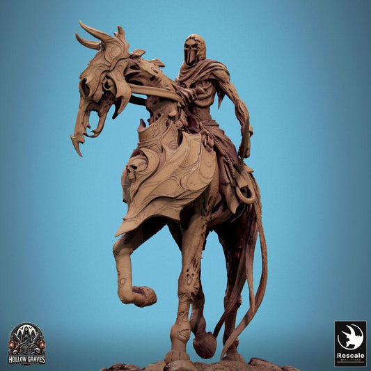 Product photo Tabletop 28mm Lord of the Print (LotP) 0: Tabletop Fantasy Miniature: Cursed Rider / Death Knight on Horned Monster Beast, Demon Rider Cavalry (24_10_C8)