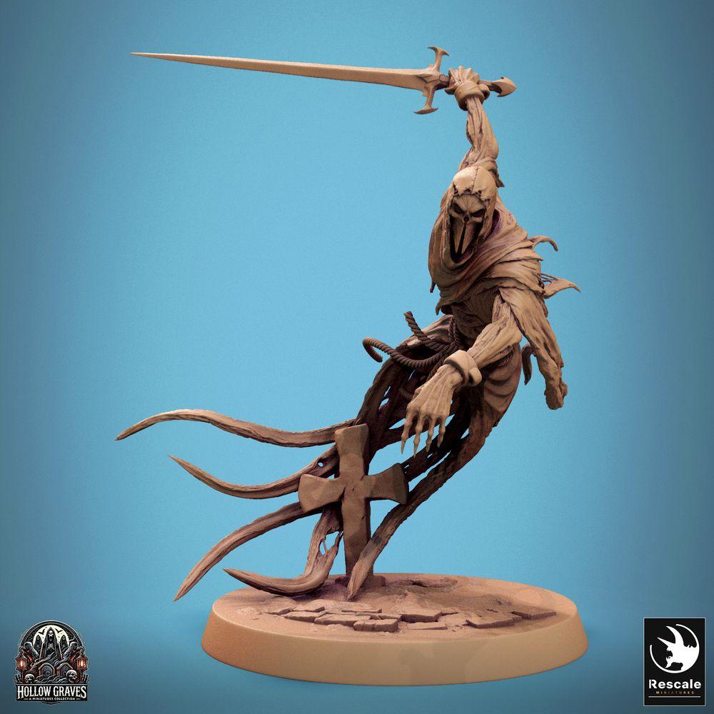 Product photo Tabletop 28mm Lord of the Print (LotP) 0: Tabletop miniature: Undead Wraith Ghost Knight, spectral executioner with longsword in overhead strike, hovering, tombstone base (24_10_B1)