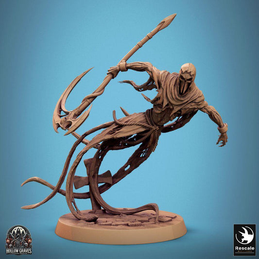 Product photo Tabletop 28mm Lord of the Print (LotP) 0: Tabletop miniature: Wraith Spirit Warrior, spectral executioner - undead opponent figure with dual-bladed polearm, hovering; for wargaming, skirmish, dungeon encounter, army of the dead (24_10_B8)