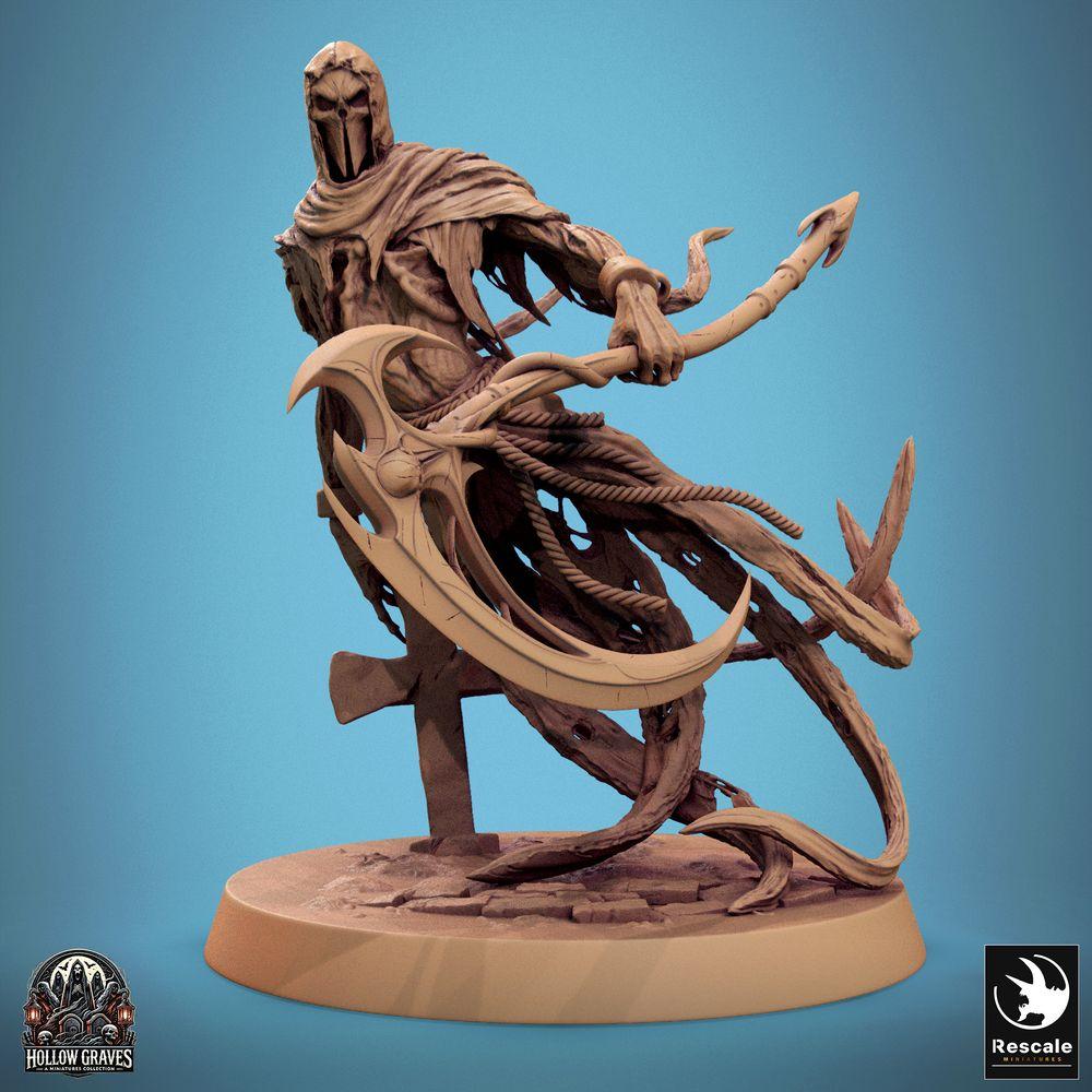Product photo Tabletop 28mm Lord of the Print (LotP) 0: Tabletop miniature: Undead Reaper Wraith, masked spirit/revenant, spectral warrior with double scythe polearm, grave guardian (24_10_B9)