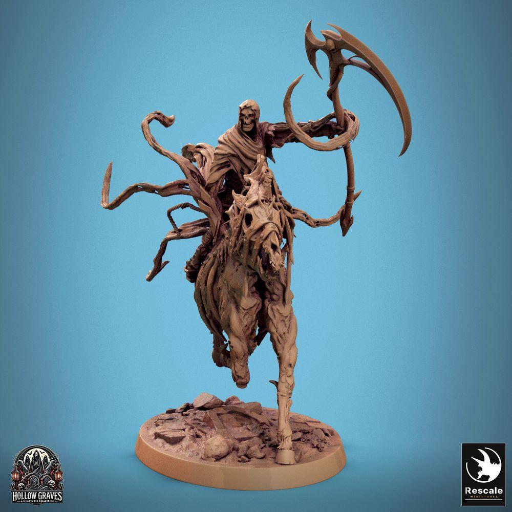 Product photo Tabletop 28mm Lord of the Print (LotP) 0: Tabletop miniature: Undead Scythe Rider - Wraith-Rider Ghost Knight, cursed cavalryman with double-bladed scythe on skeletal steed in storm charge (24_10_E1)