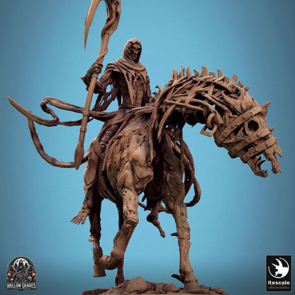 Product photo Tabletop 28mm Lord of the Print (LotP) 0: Tabletop miniature: Undead rider on skeletal horse, Reaper, Death Knight, leader of the Bone Cavalry with scythe polearm (24_10_E2)