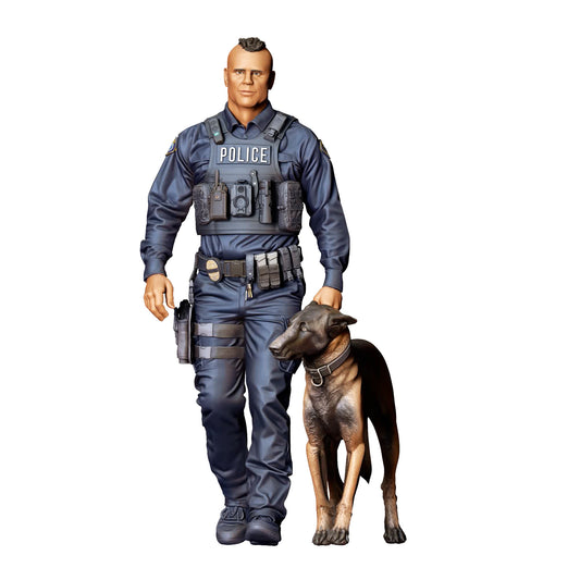 Diorama model-making product photo 0: Standing figure: police officer in tactical gear with service dog (Ref. No. 524)