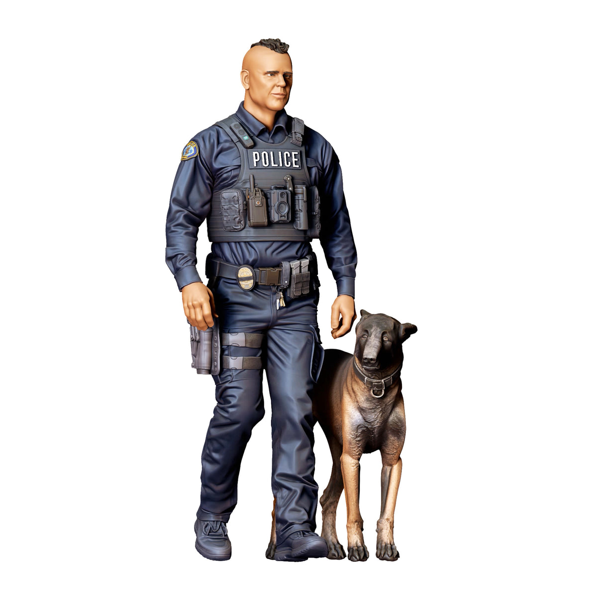 Diorama model building product photo 1: Standing figure: police officer in operational gear with service dog (Ref. No. 524)