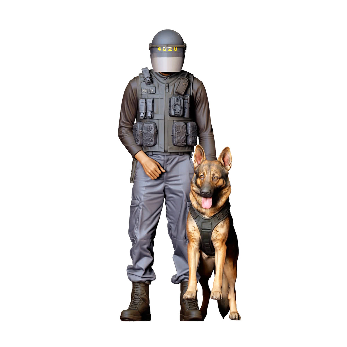 Diorama model-making product photo 0: Diorama figure: Standing police officer in protective gear with seated service dog (Ref. No. 526)