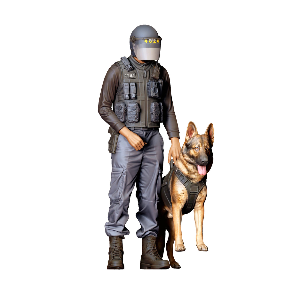 Diorama model-making product photo 1: Diorama figure: Standing police officer in protective gear with seated service dog (Ref. No. 526)
