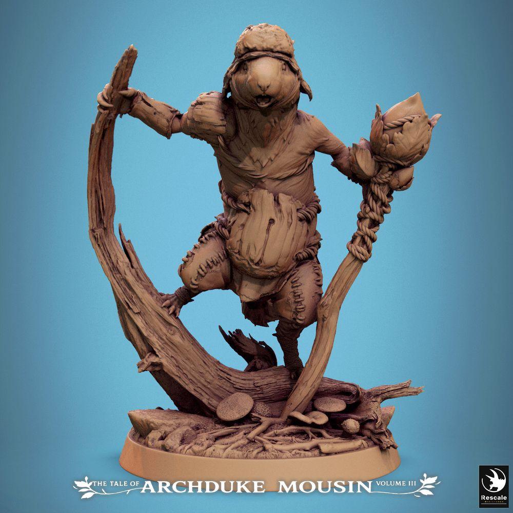 Product photo Tabletop 28mm Lord of the Print (LotP) 0: Fantasy miniature: Rodent shaman and druid, forest mage with gnarled staff in dynamic jumping pose on forest base, character model mouse/rat (25_07_Q7)