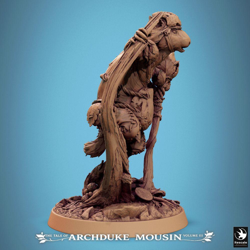 Product photo Tabletop 28mm Lord of the Print (LotP) 1: Fantasy miniature: Rodent shaman and druid, forest mage with gnarled staff in dynamic jumping pose on forest base, character model mouse/rat (25_07_Q7)