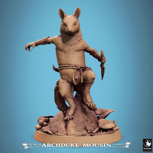 Product photo Tabletop 28mm Lord of the Print (LotP) 0: Tabletop miniature: Garden Dormouse Mousefolk Rogue, Jumping Pose with Dagger - Tribal Assassin, Ambush Fighter, Scout (25_07_Q5)