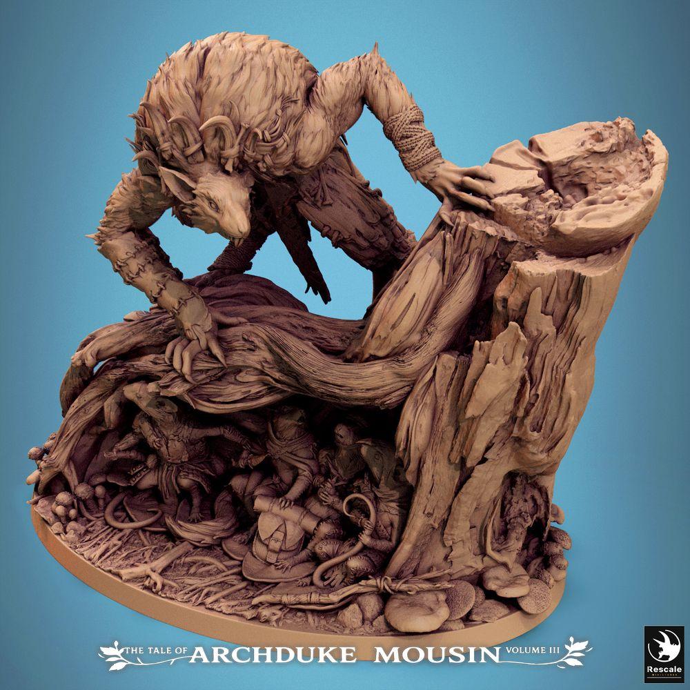 Product photo Tabletop 28mm Lord of the Print (LotP) 1: Tabletop miniature: Beastman Werewolf-Hybrid on tree stump, forest beast and alpha predator, dungeon boss, scene base with mouse and rat creatures (25_07_R1)